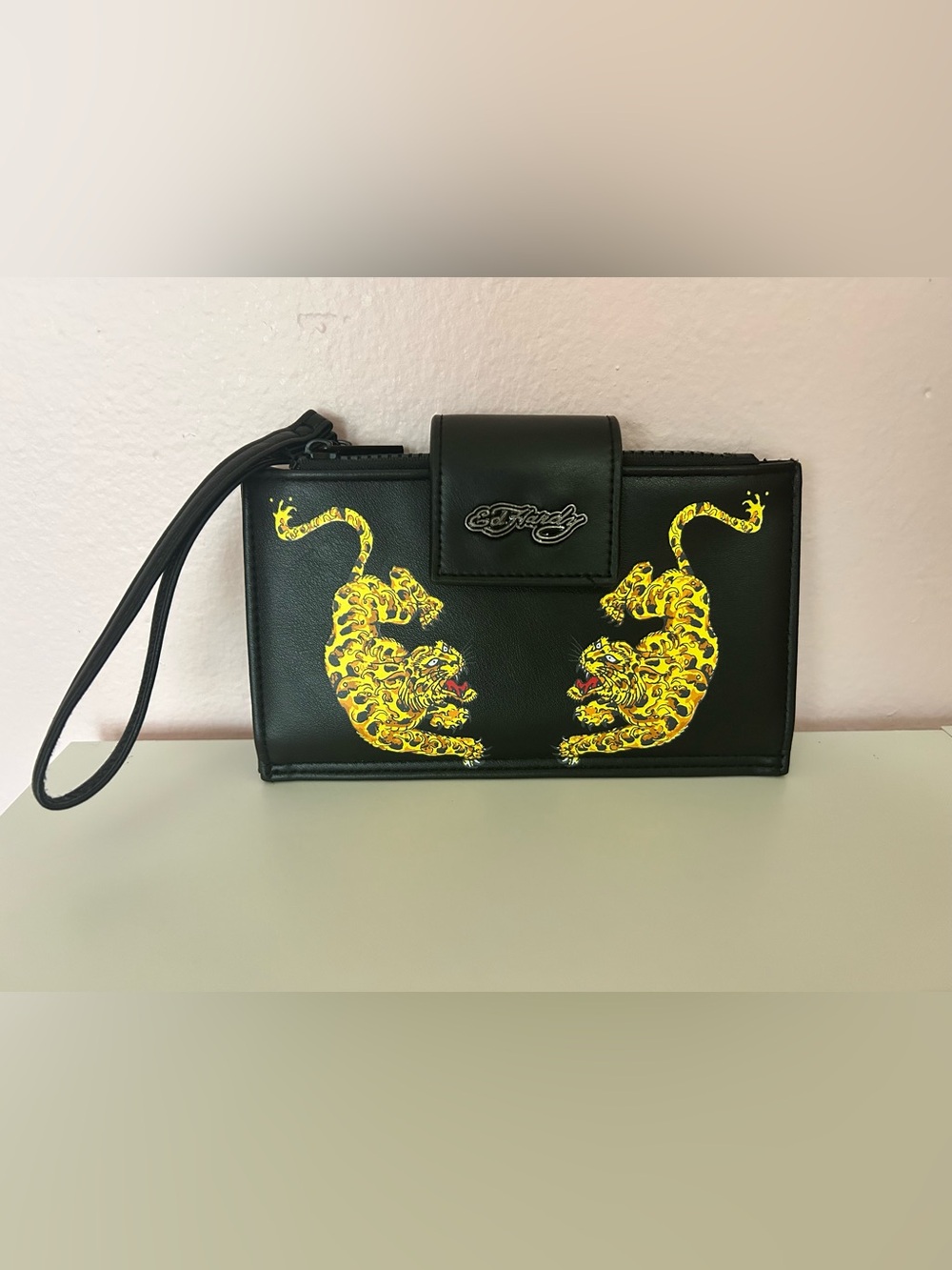 Ed Hardy Black Wristlet Clutch with Yellow Tiger Motif